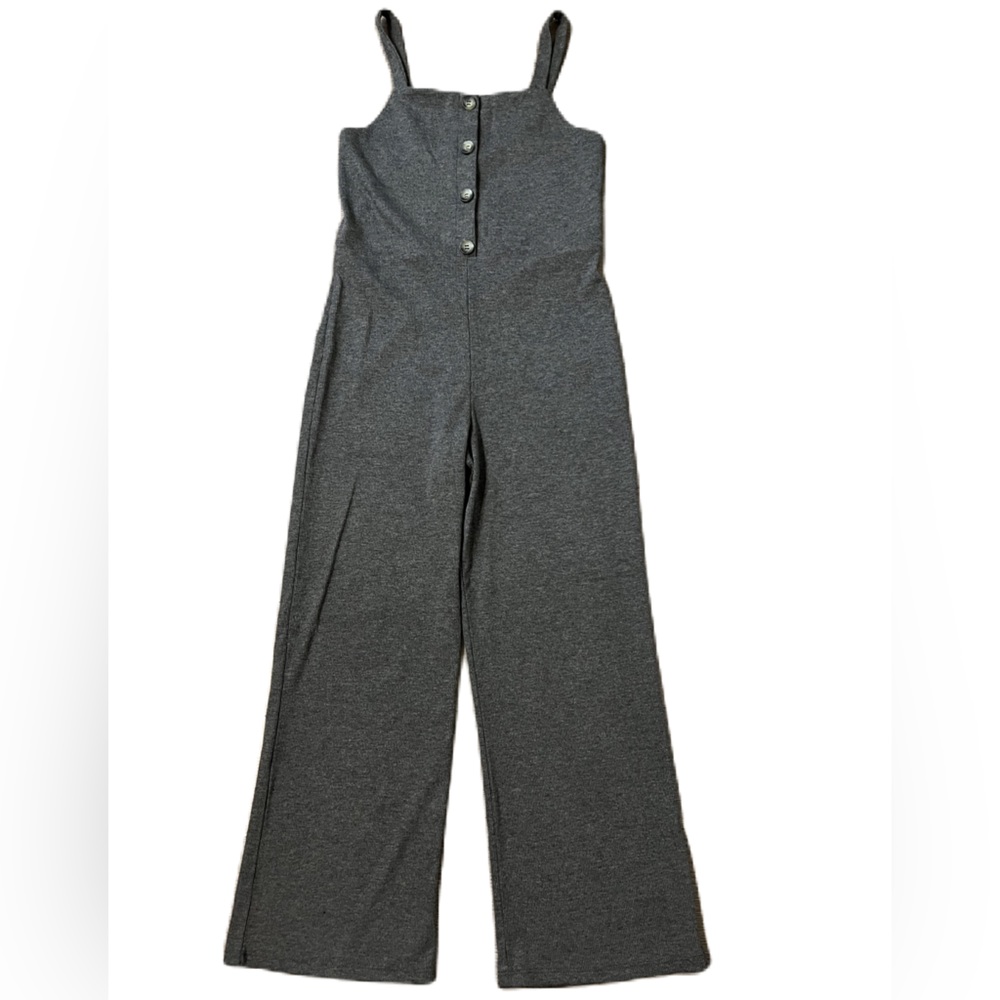 Gray, cropped/ankle jumpsuit with straight leg. Thin straps and button down top.